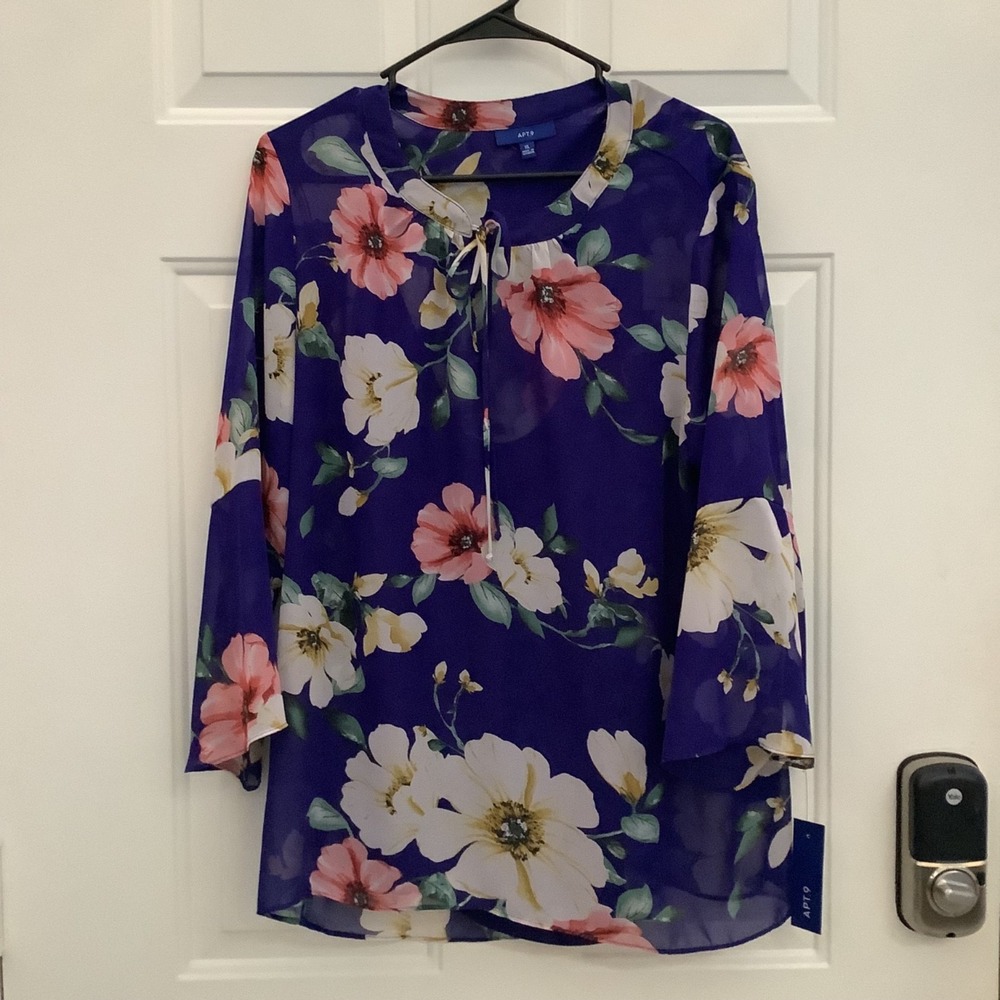 Apt. 9 Blue Floral Print Flare Sleeve Tie in Front Sheer‎ Blouse w/ Tank Size XL